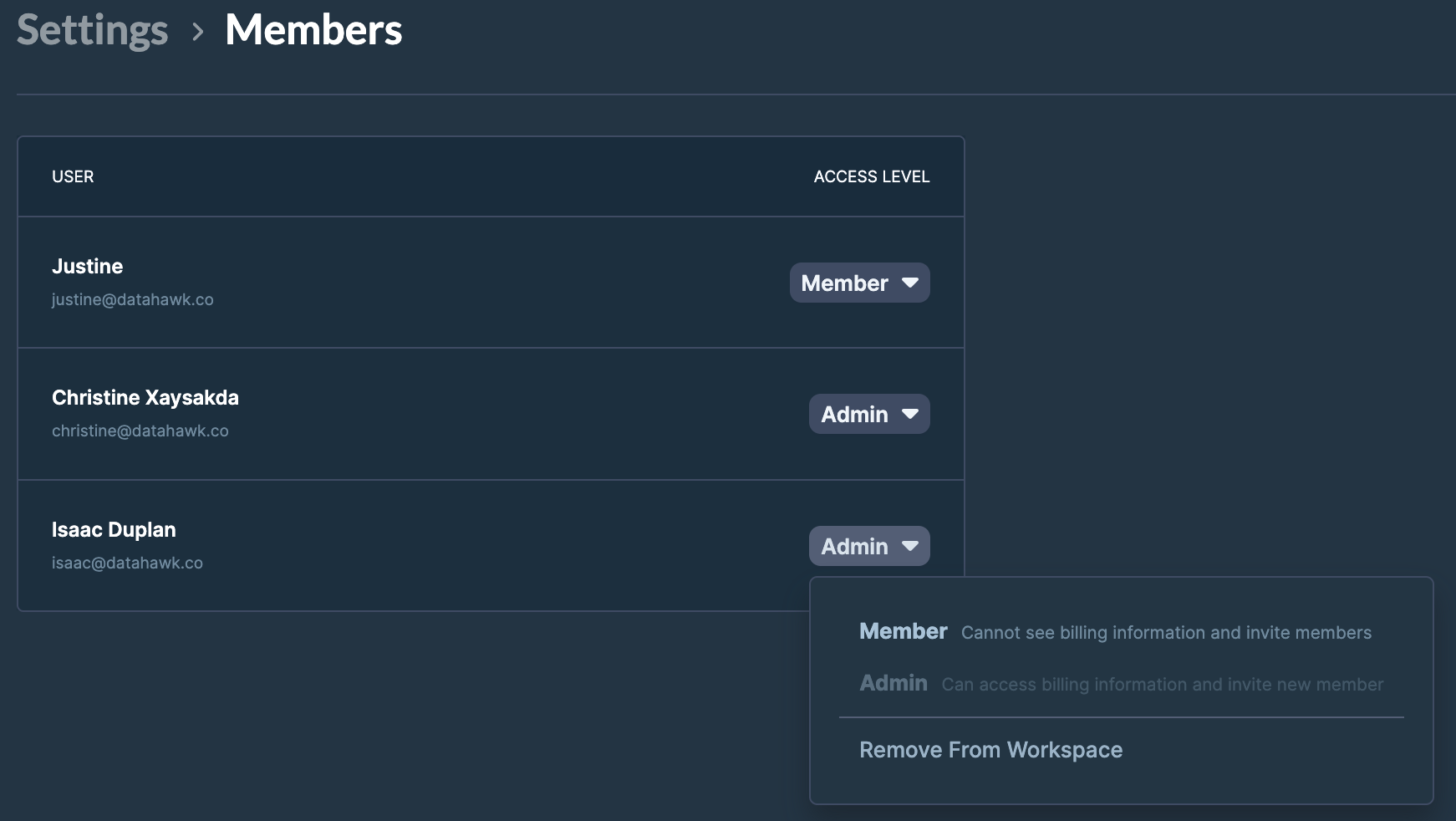 Member list with access level dropdown